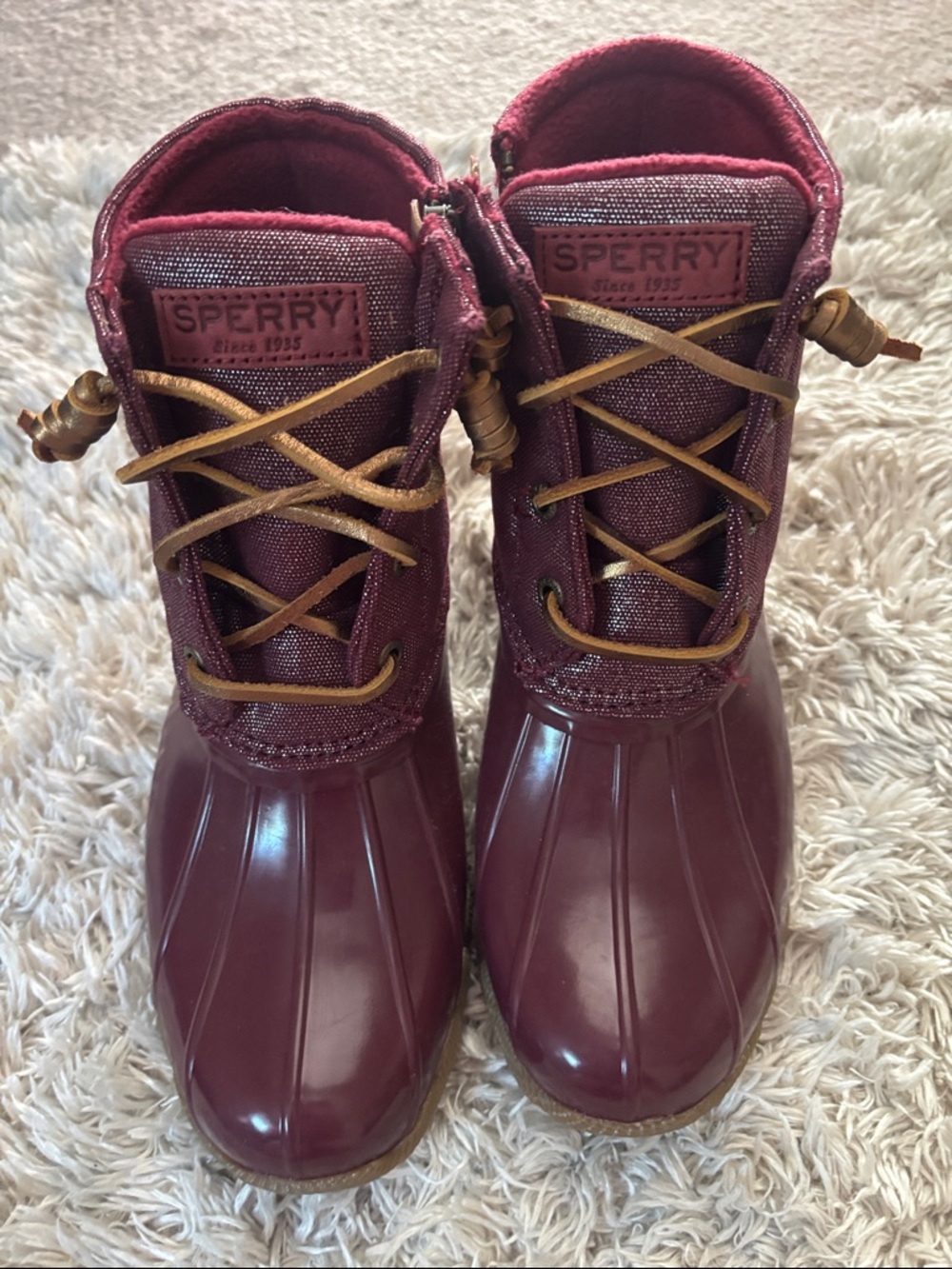 NWT Sperry Maroon Waterproof Duck Boots with Tan Laces size 6.5